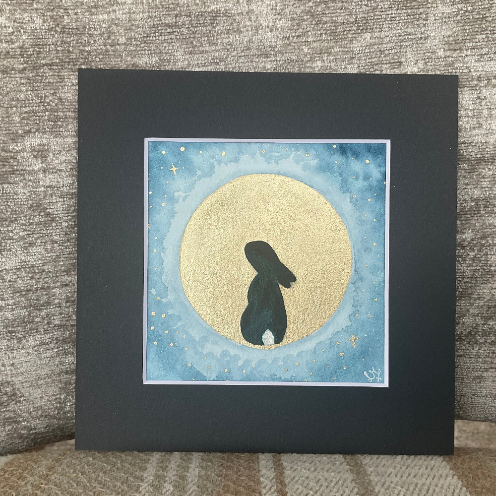 ‘Bunny in the Moon’ - Original Bunny Rabbit Watercolour Painting 4” x 4”