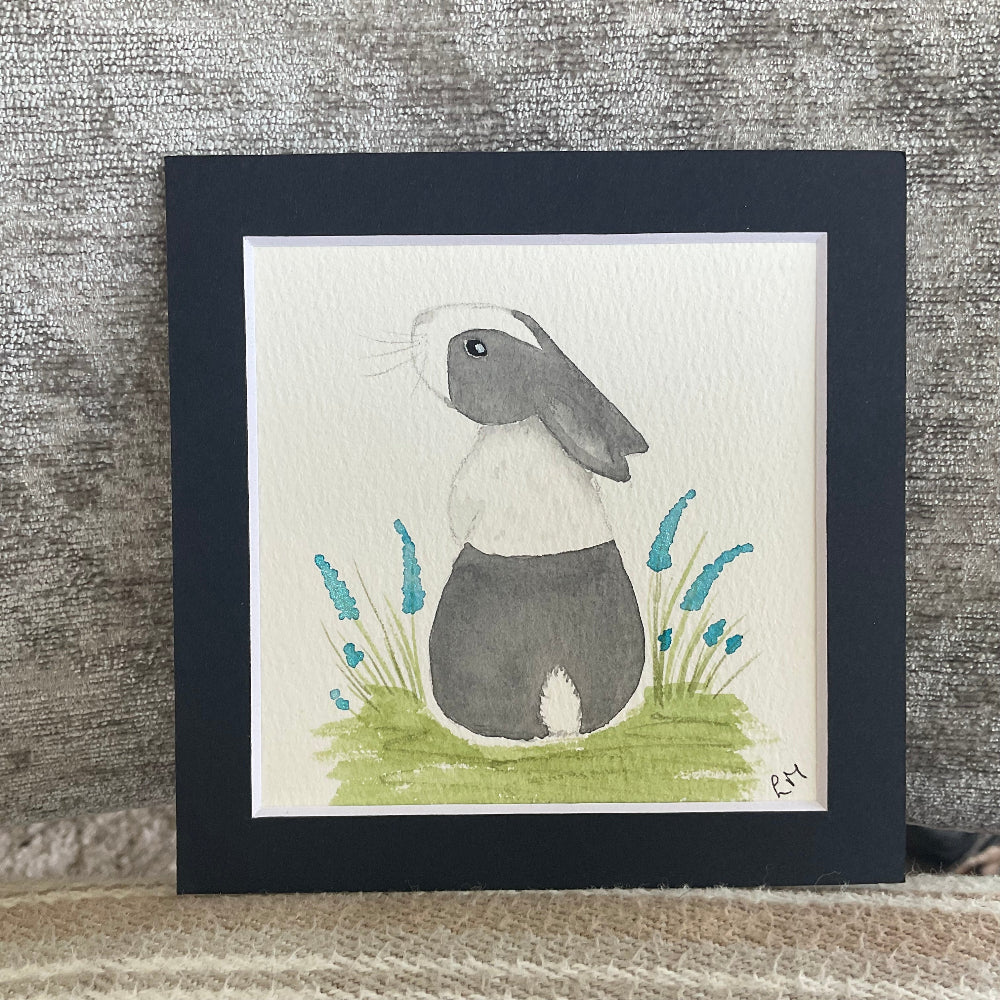 ‘Enchanted Garden’ - Original Grey Dutch Bunny Rabbit Watercolour Painting 4” x 4” - Bunny Creations
