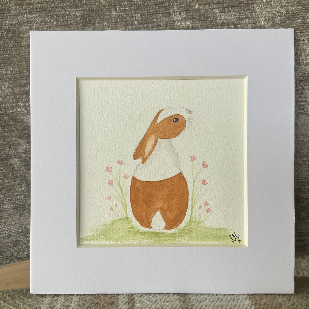 ‘Enchanted Garden’ - Original Red Dutch Bunny Rabbit Watercolour Painting 4” x 4”