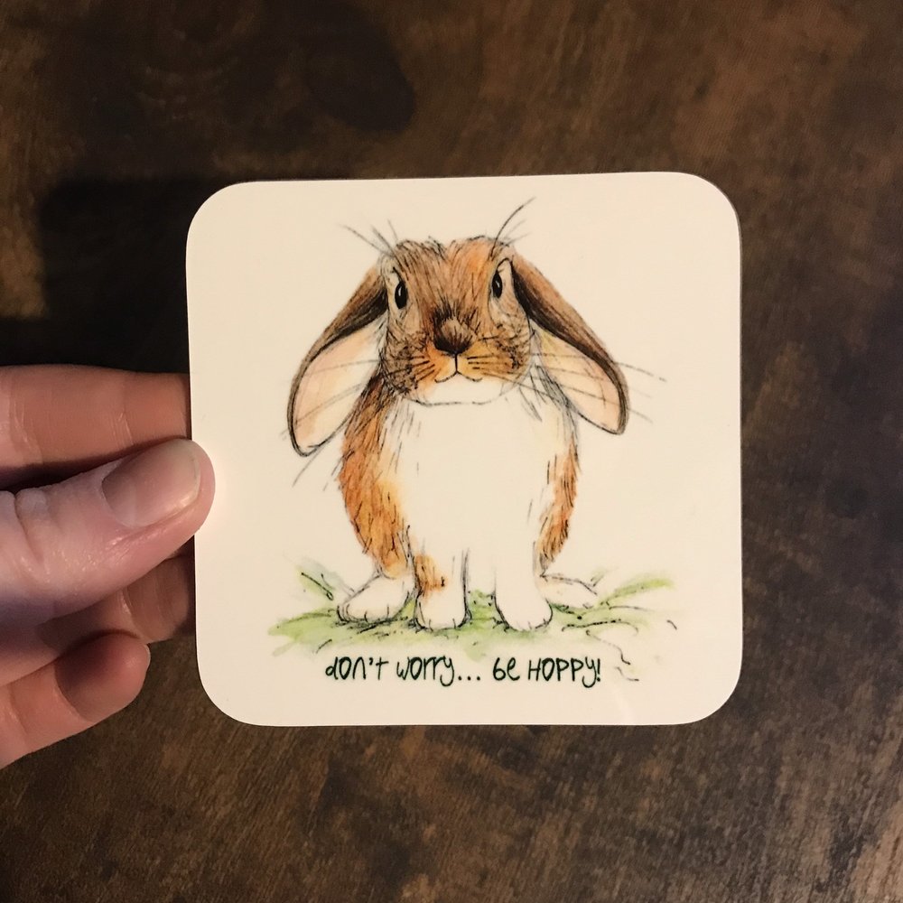 Holding Don’t Worry Be Hoppy Lop Bunny Rabbit Coaster