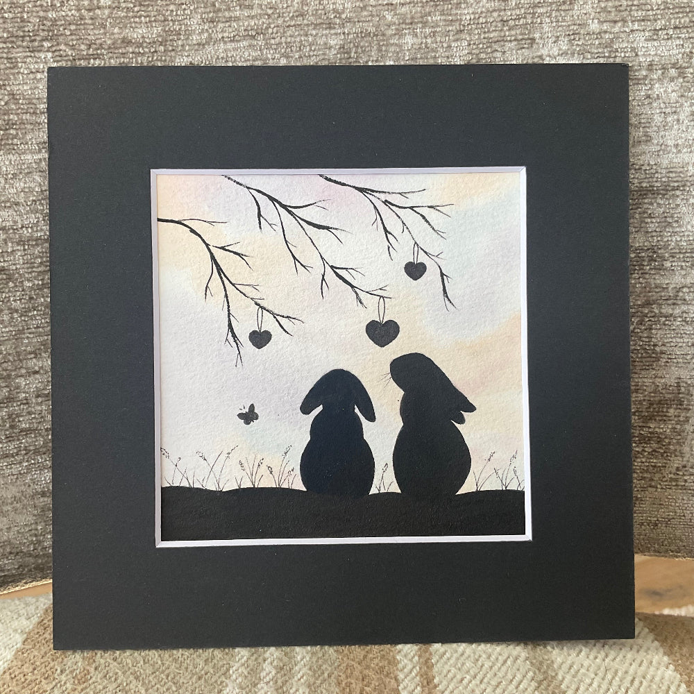 ‘Love Hanging in the Air- Original Silhouette Bunny Rabbit Watercolour Painting 4” x 4”
