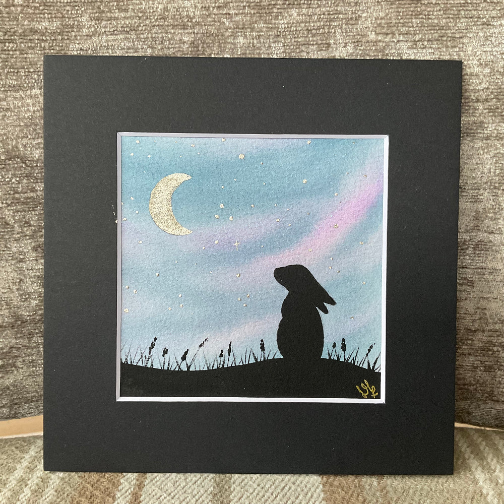 ‘Moongazing’ - Original Bunny Rabbit Watercolour Painting 4”x 4”