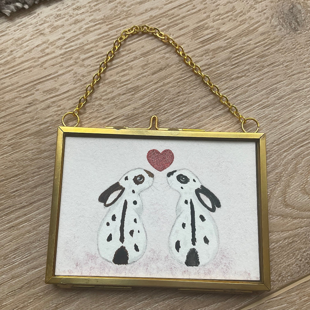 Original ‘Love Bunnies ’ Hanging Decoration- Two English Spot Rabbits Mini Artwork