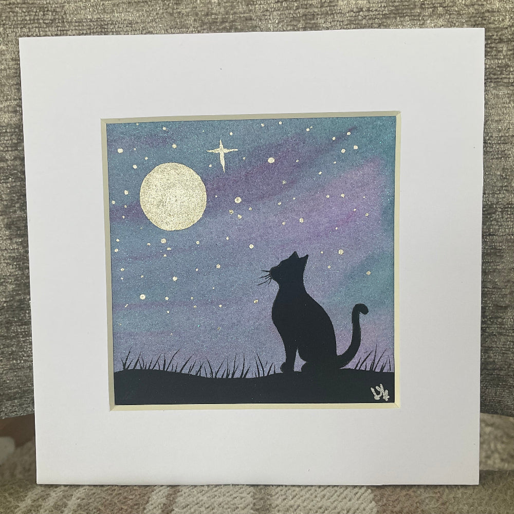 “Silhouette Skies’ - Original Cat Watercolour Painting 4” x 4”