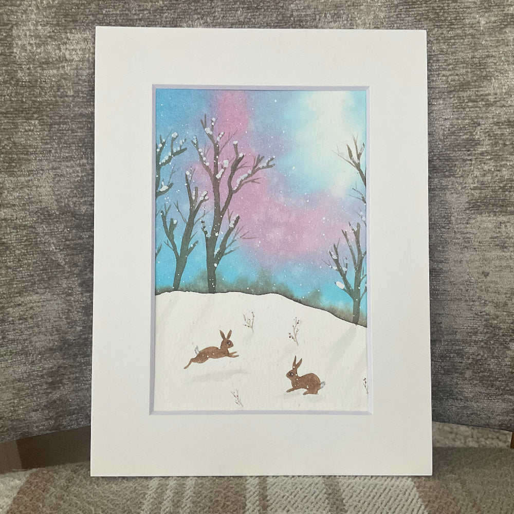 ‘Snow Days’ - Original Bunny Rabbits Watercolour Painting 6” x 4”