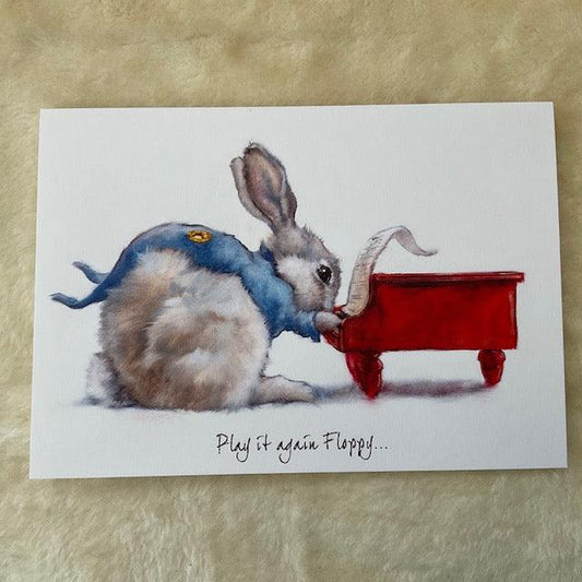 Play It Again Floppy Large Bunny Rabbit Card - Bunny Creations