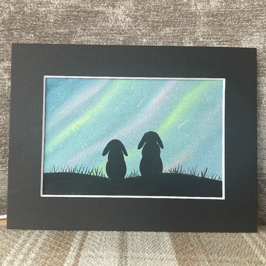 ‘Aurora Borealis ’ - Original Bunny Rabbits Watercolour Painting  6” x 4”