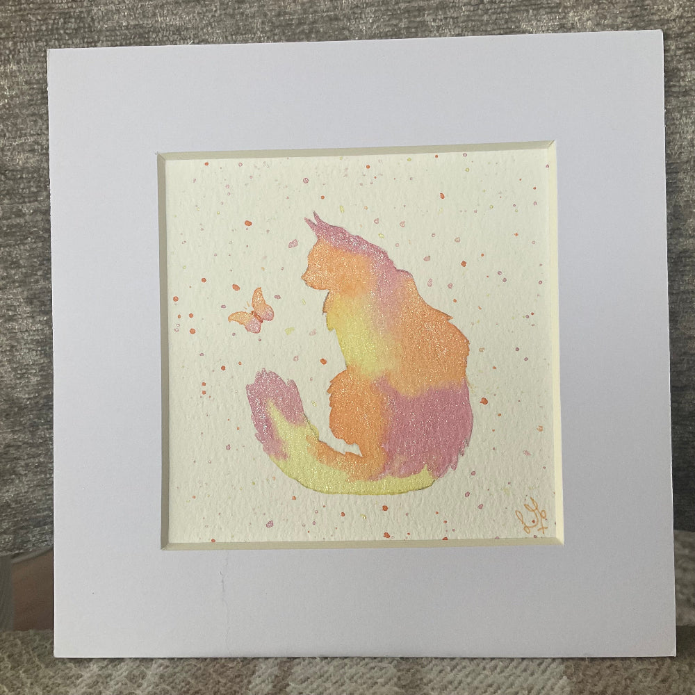 “Colourburst’ - Original Longhaired Cat Watercolour Painting  4” x 4”