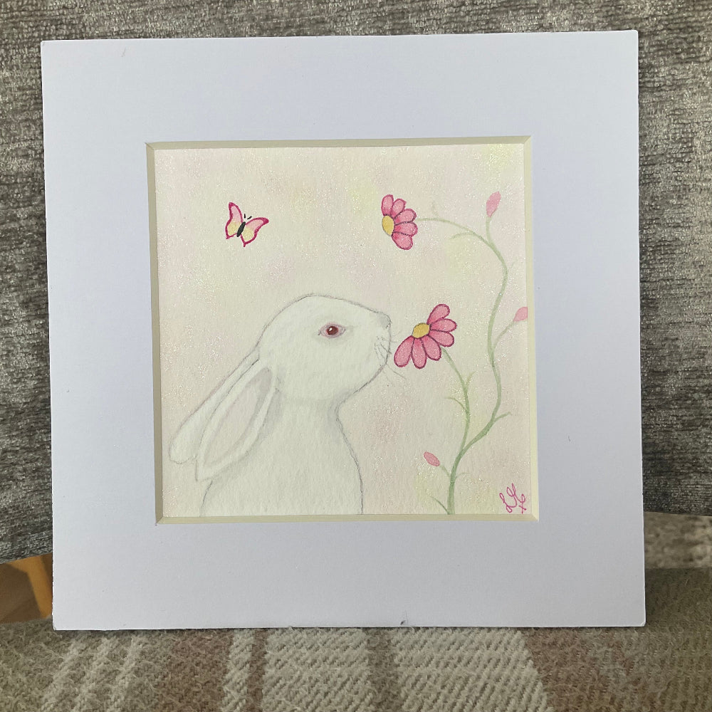 ‘Daisy Daisy’ - Original White Bunny Rabbit Watercolour Painting  4” x 4”