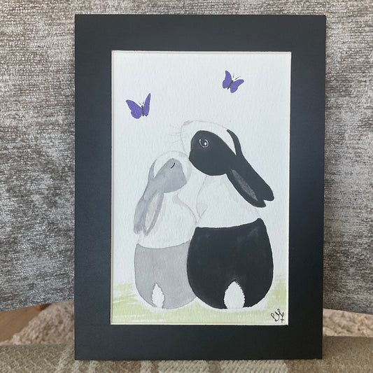 ‘Double Dutch’ - Original Bunny Rabbits Watercolour Painting  6” x 4”