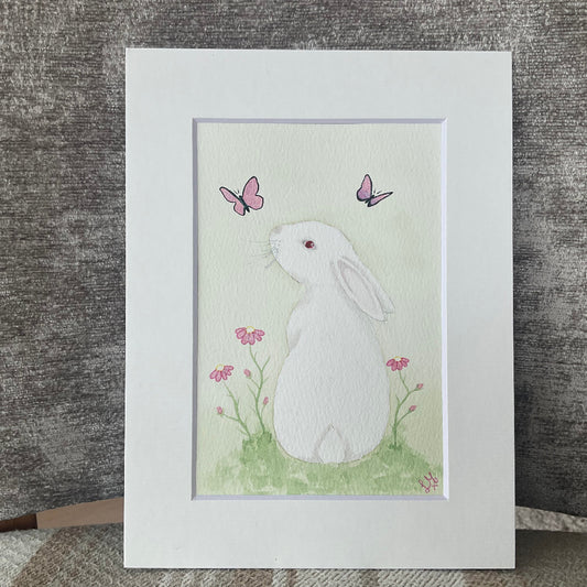 ‘Enchanted Garden’ - Original White Bunny Rabbit Watercolour Painting  6” x 4”