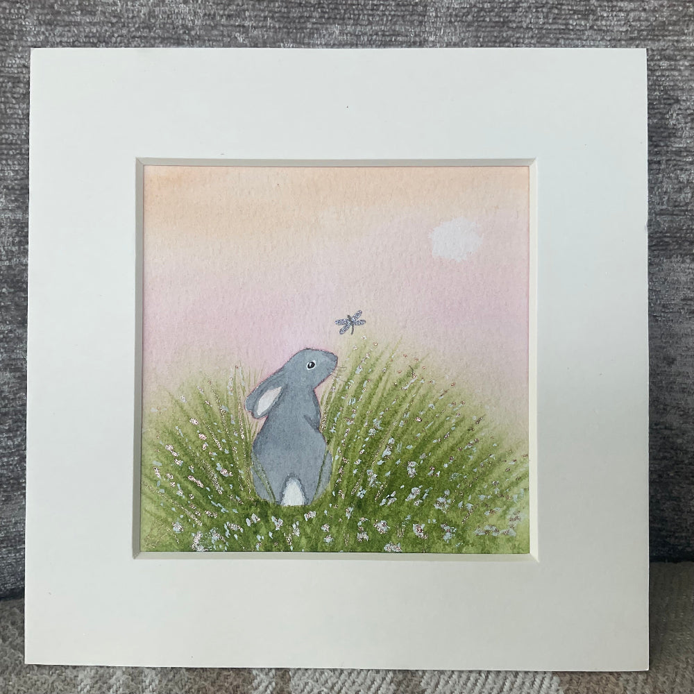 “Enchanted Meadows’ - Original Black Bunny Rabbit Watercolour Painting  4” x 4”