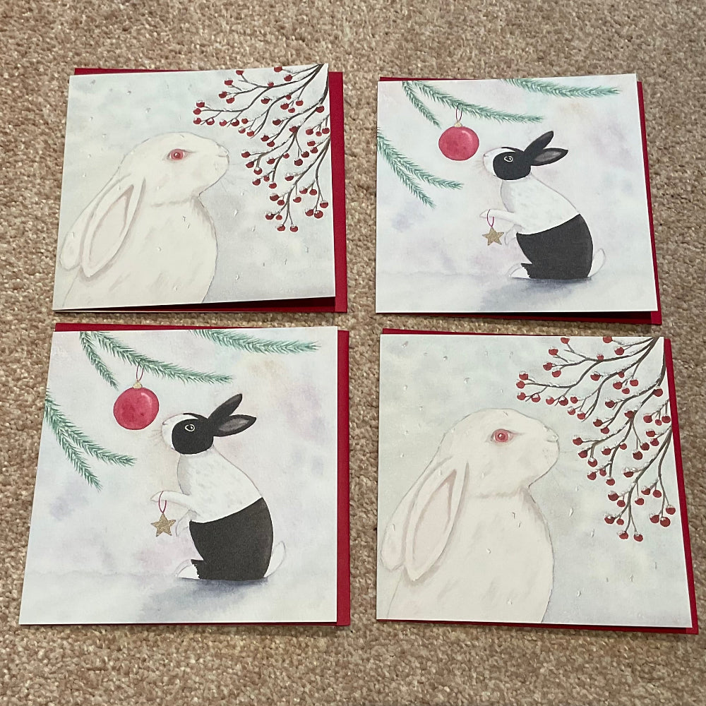 Exclusive Bunny Rabbit Watercolour Art Christmas Cards - Pack of 4
