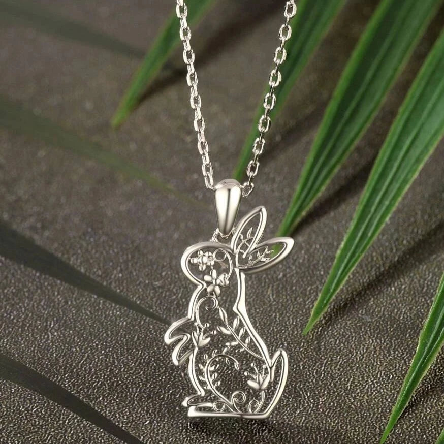 Silver Floral Bunny Rabbit Necklace