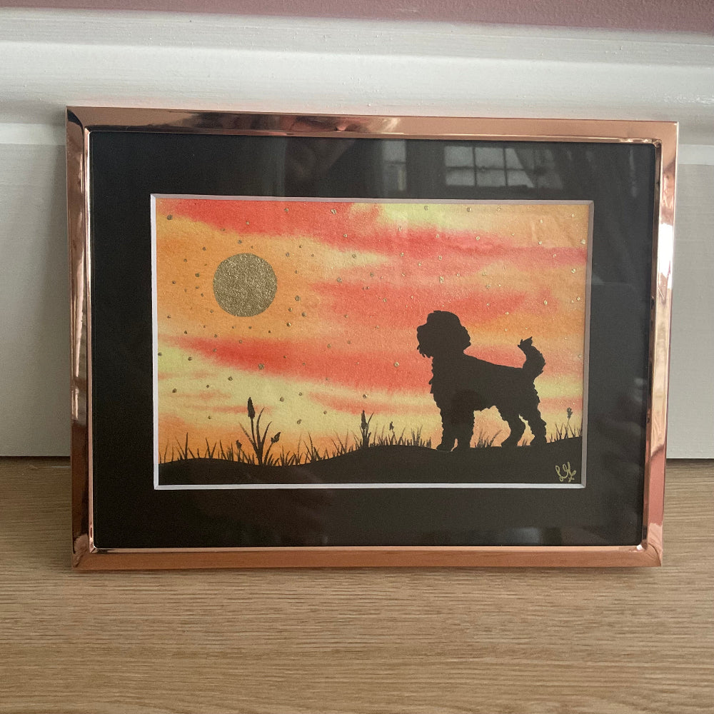 ‘Moongazing ’  - Framed Original Dog Watercolour Painting  6” x 4”