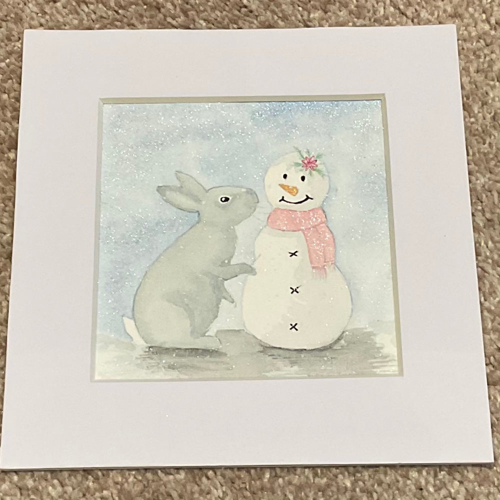 ‘SnowBunny’ - Original White Bunny Rabbit Watercolour Painting  4” x 4”