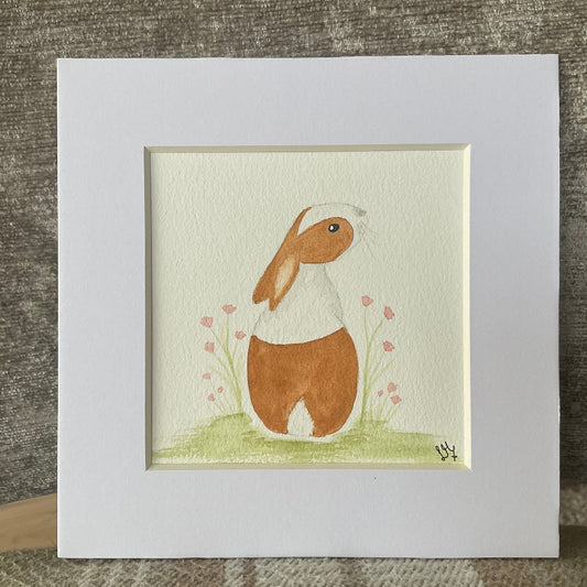‘Enchanted Garden’ - Original Red Dutch Bunny Rabbit Watercolour Painting  4” x 4”