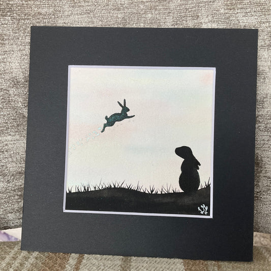 ‘Rainbow Skies’ - Original Bunny Rabbit Watercolour Painting  4”x 4”