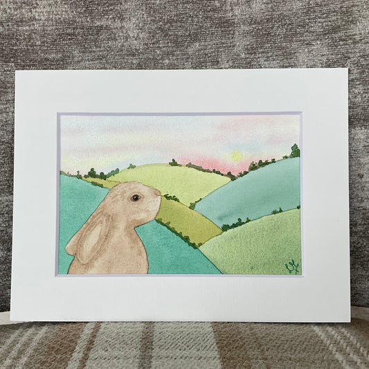 ‘Rainbow Skies’ - Original Bunny Rabbits Watercolour Painting  6” x 4”