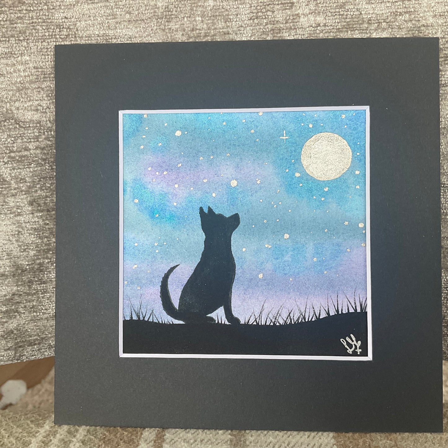 “Silhouette Skies’ - Original Dog Watercolour Painting  4” x 4”