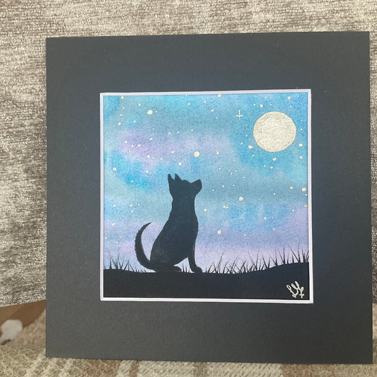 “Silhouette Skies’ - Original Dog Watercolour Painting  4” x 4”