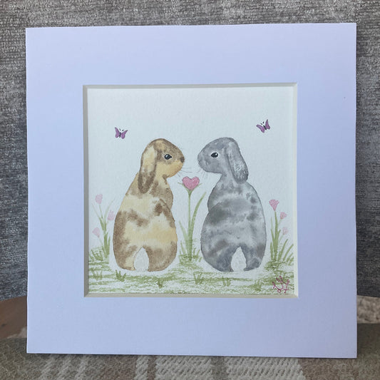 ‘Lops of Love’ - Original Bunny Rabbit Watercolour Painting  4” x 4”