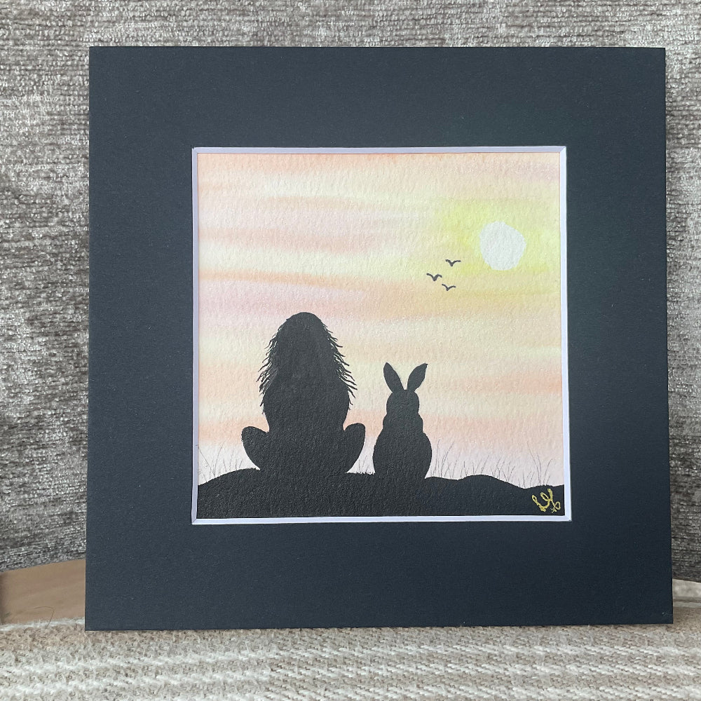 ‘Mom and Me’ Original Silhouette Bunny Rabbit Watercolour Painting  4” x 4”