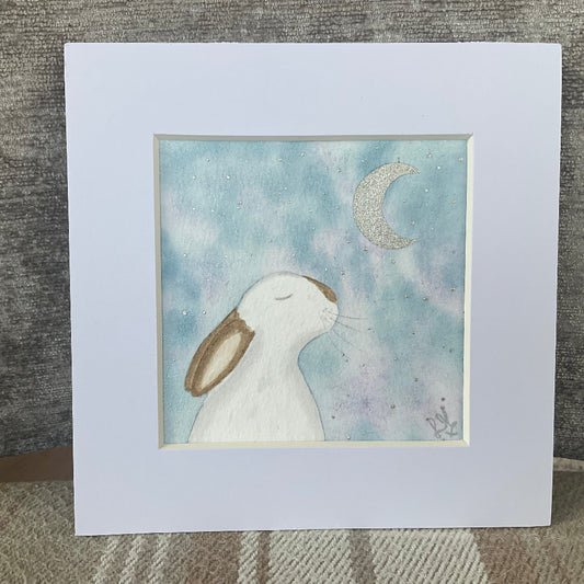 Moon ‘Binky Blessings’’ - Original Bunny Rabbit Watercolour Painting  4” x 4”