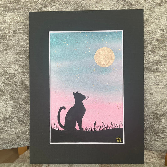 ‘Moongazing ’  - Original Cat Watercolour Painting  6” x 4”