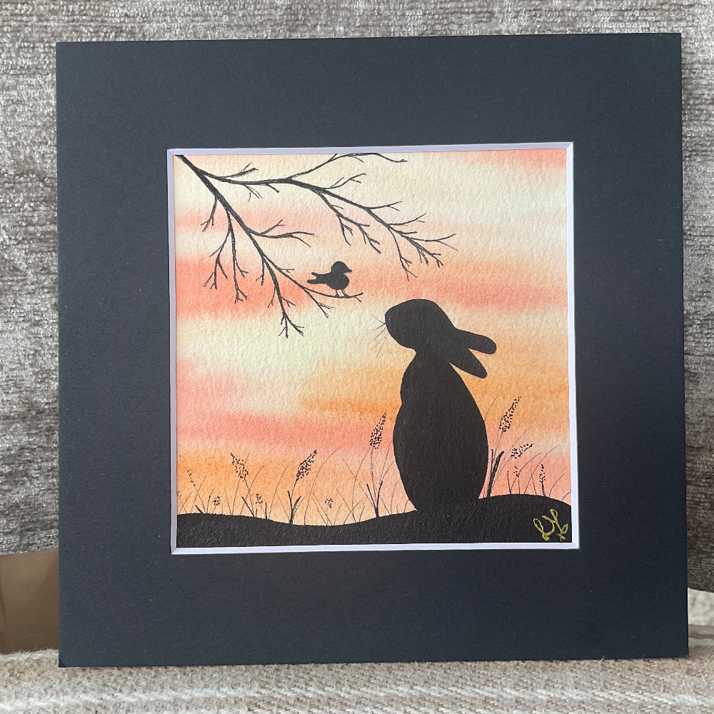 ‘A Little Bird Told Me - Original Silhouette Bunny Rabbit Watercolour Painting  4” x 4”