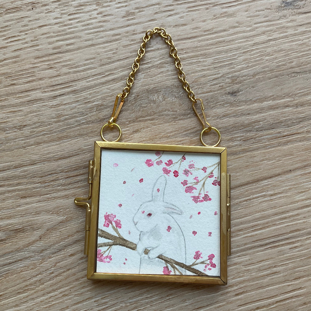 Original ‘Blossom Bunny ' Hanging Decoration- White Bunny Rabbit Mini Artwork