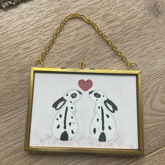 Original ‘Love Bunnies ’ Hanging Decoration- Two English Spot Rabbits Mini Artwork