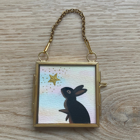 Original ‘Make a Wish' Hanging Decoration- Black & Tan Bunny Rabbit Mini Artwork