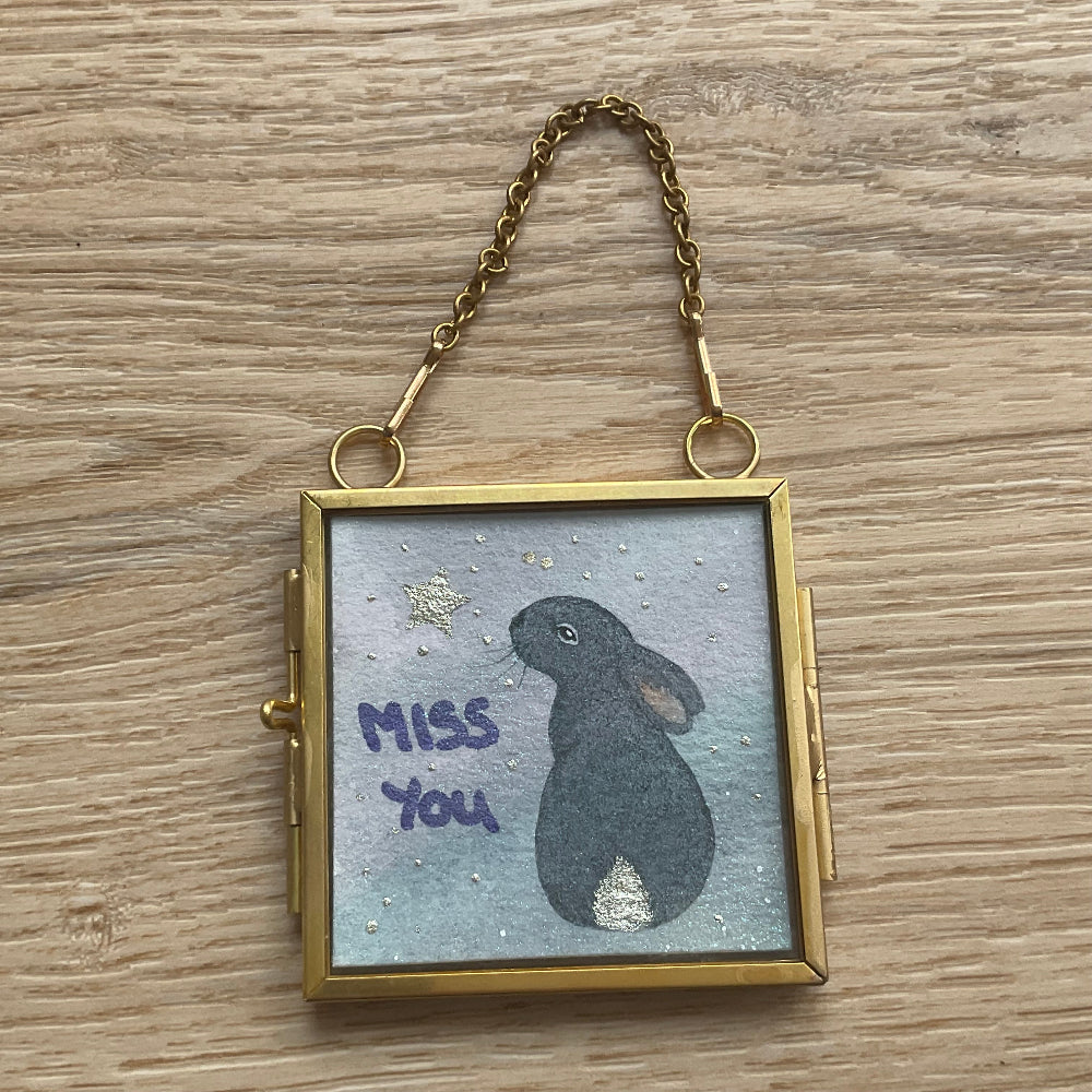 Original ‘Miss You’ Hanging Decoration- Grey Bunny Rabbit Mini Artwork
