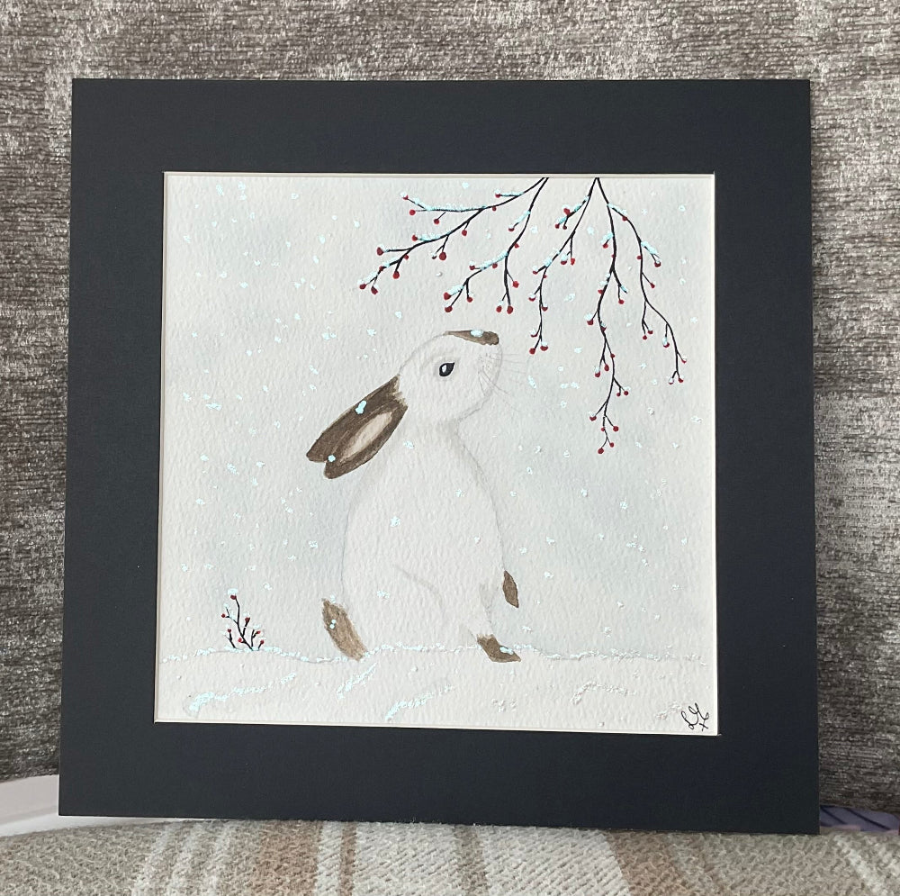 Original Snow Bunny Rabbit Watercolour Painting  6” x 6”