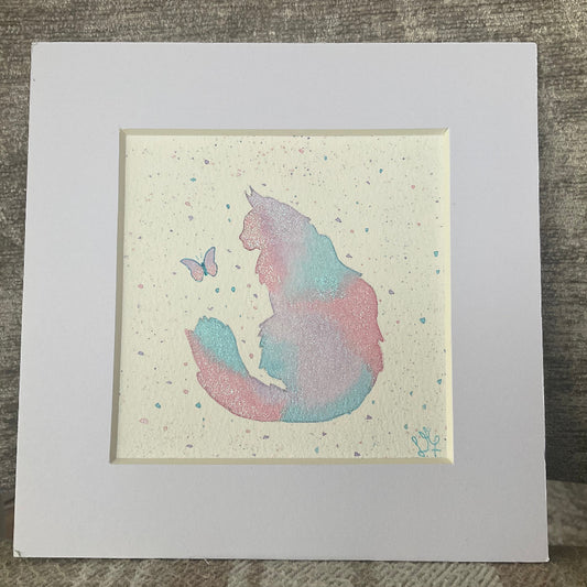 “Colourburst’ - Original Longhaired Cat Watercolour Painting  4” x 4”