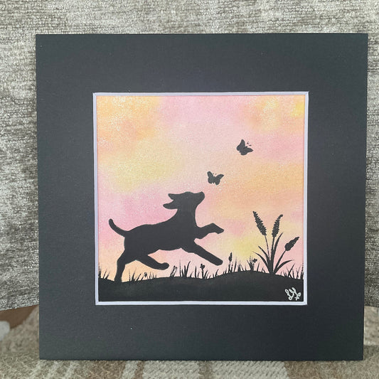 “Silhouette Skies’ - Original Dog Watercolour Painting  4” x 4”