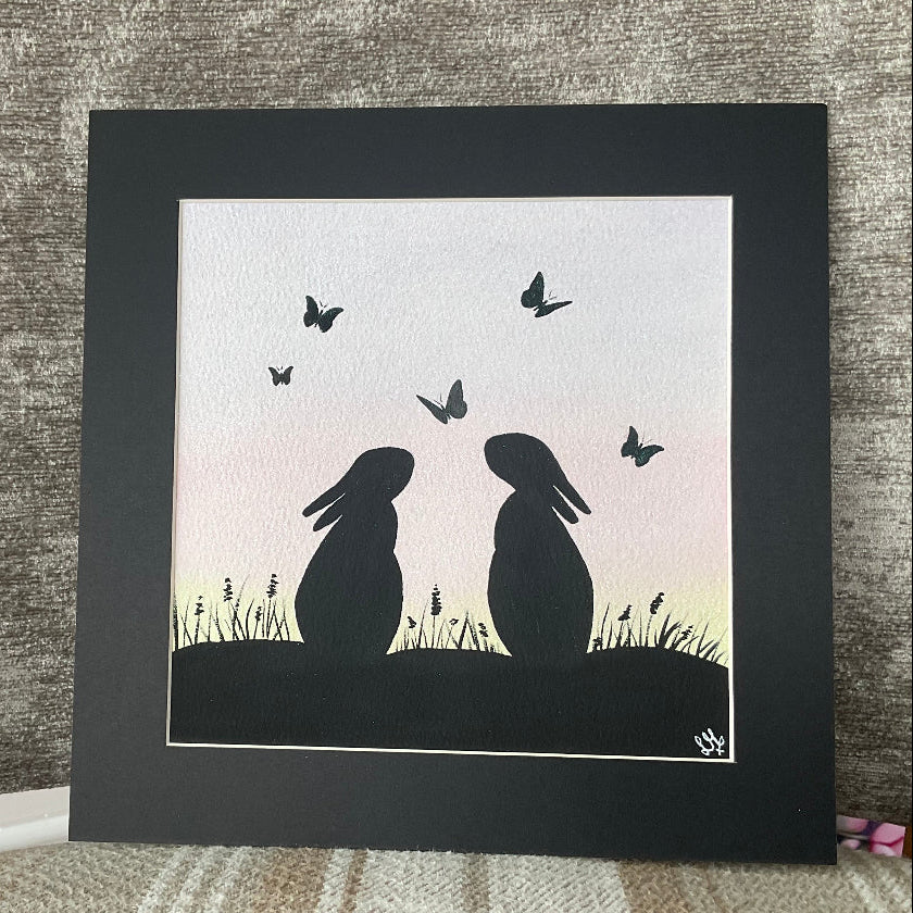 ‘Silhouette Skies’ Original  Bunny Rabbit Watercolour Painting  6” x 6”