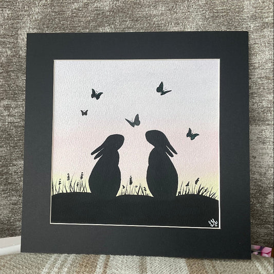 ‘Silhouette Skies’ Original  Bunny Rabbit Watercolour Painting  6” x 6”