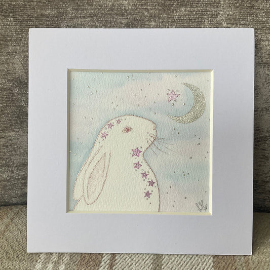 ‘Stardust Sprinkles’ - Original White Bunny Rabbit Watercolour Painting  4” x 4”