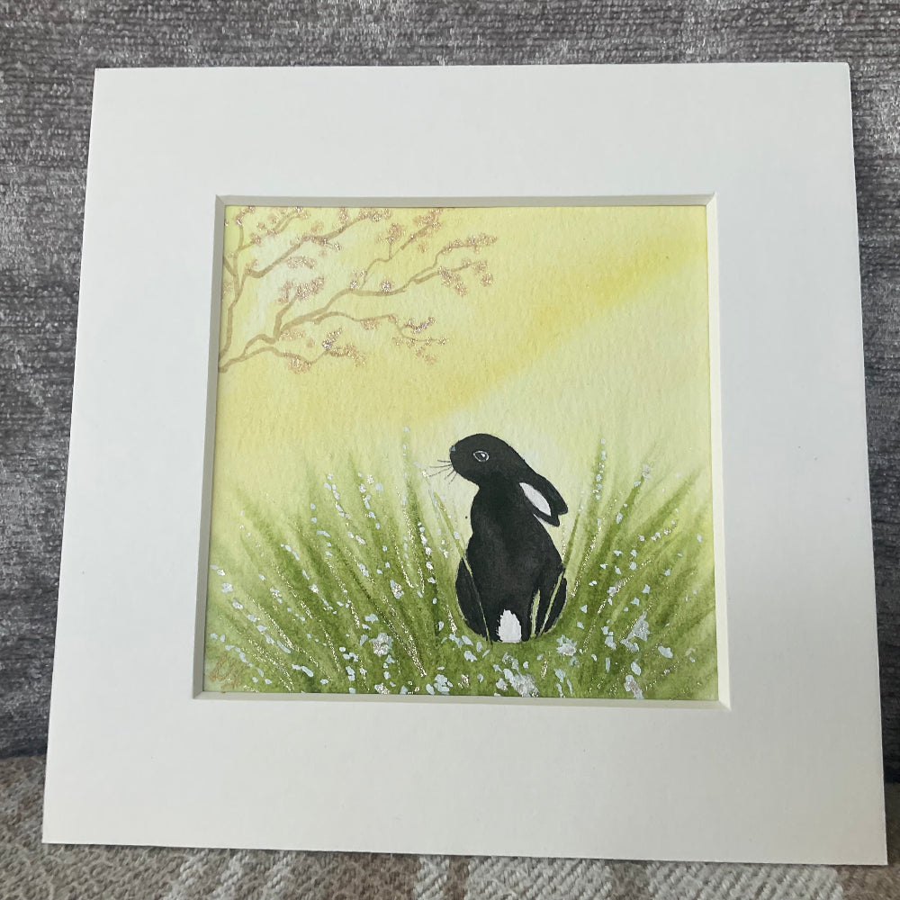 “Sunshine Meadows’ - Original Black Bunny Rabbit Watercolour Painting  4” x 4”