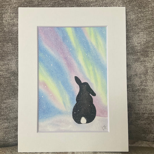 ‘Winter Aurora Skies’ - Original Lop Bunny Rabbits Watercolour Painting  6” x 4”