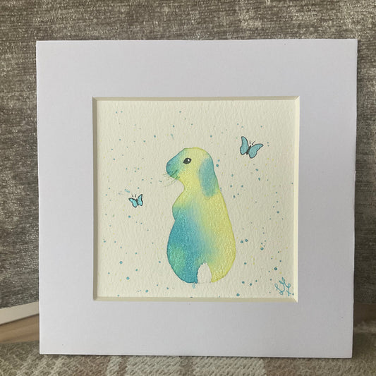 ‘Colourburst’ - Original Lop Bunny Rabbit Watercolour Painting 4” x 4”