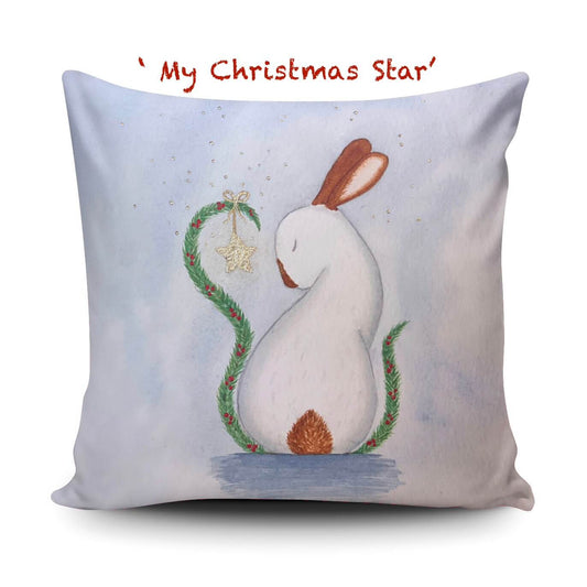 Double-sided 100% Panama cotton cushion cover featuring the whimsical My Christmas Star rabbit artwork against a soft background