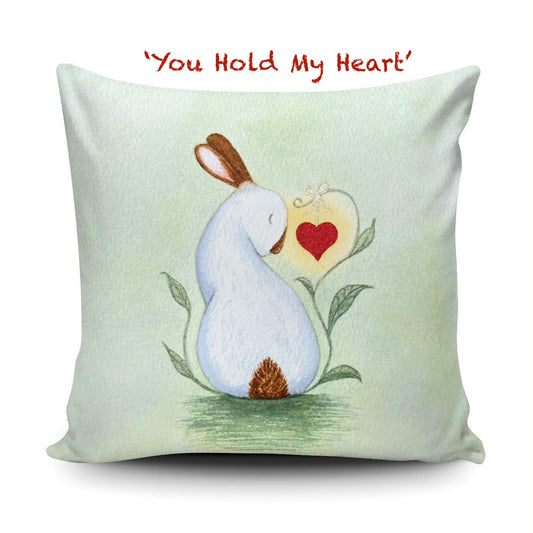 Double-sided 100% Panama cotton cushion cover featuring the whimsical My Heart is Yours rabbit artwork against a soft background
