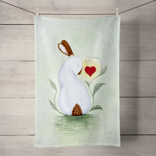 Premium 100% Panama cotton tea towel featuring the whimsical My Heart is Yours rabbit artwork against a soft sage green background