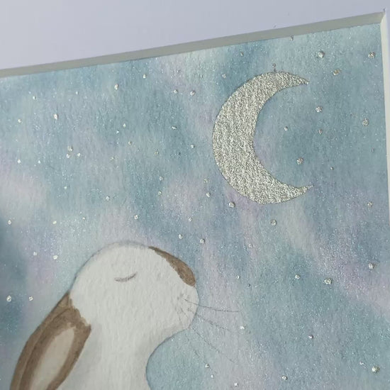 Video moon ‘Binky Blessings’’ - Original Bunny Rabbit Watercolour Painting  4” x 4”