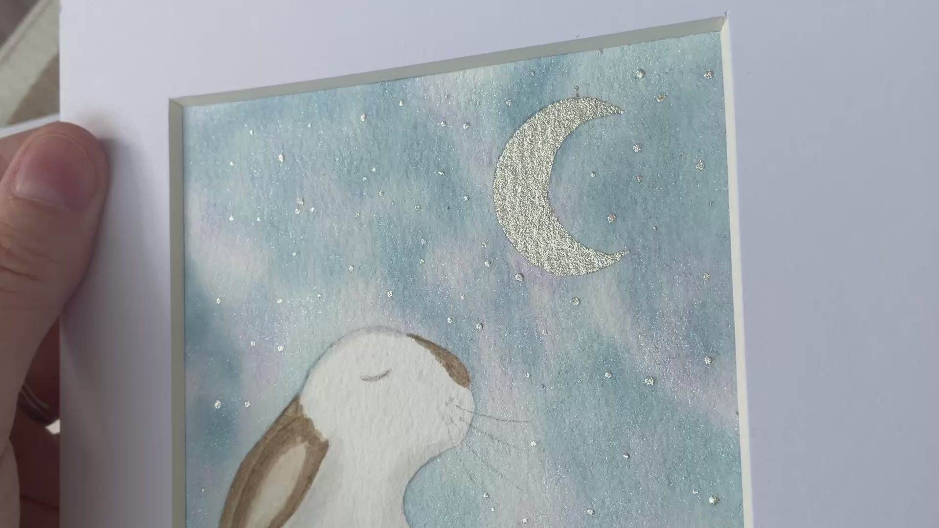 Video moon ‘Binky Blessings’’ - Original Bunny Rabbit Watercolour Painting  4” x 4”