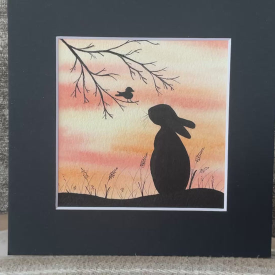 Video of ‘A Little Bird Told Me - Original Silhouette Bunny Rabbit Watercolour Painting  4” x 4”