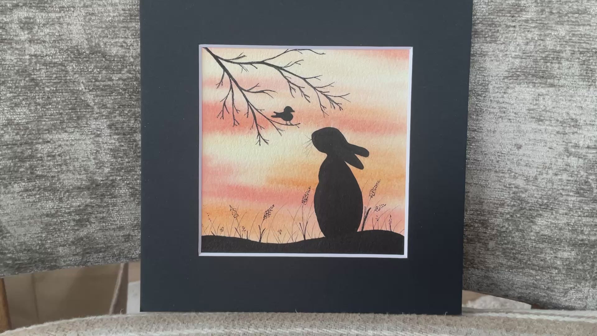 Video of ‘A Little Bird Told Me - Original Silhouette Bunny Rabbit Watercolour Painting  4” x 4”